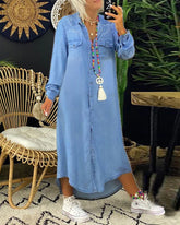 Einfarbiges, langärmliges Jeanskleid für Damen