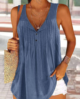 Einfarbiges, plissiertes Tanktop mit V-Ausschnitt