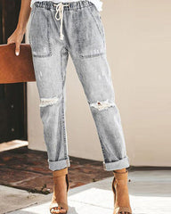 Distressed-Hose mit Kordelzug und geradem Bein