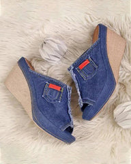 Sandalen mit Denim-Slipper auf mittlerem Absatz