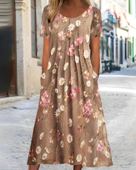 Kurzärmliges Kleid mit Rundhalsausschnitt und Blumenmuster