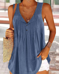 Einfarbiges, plissiertes Tanktop mit V-Ausschnitt