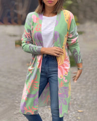 Taschen-Cardigan mit mehrfarbigem Aufdruck