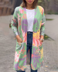 Taschen-Cardigan mit mehrfarbigem Aufdruck