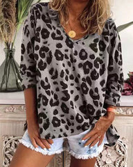 Langarm-T-Shirt mit Leopardenmuster und V-Ausschnitt