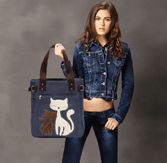 Canvas-Tasche mit Katzenstickerei