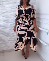 Elegantes Kleid mit V-Ausschnitt, Dreiviertelärmeln und Kordelzug