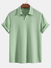 Gestricktes Waffel-Poloshirt mit V-Ausschnitt